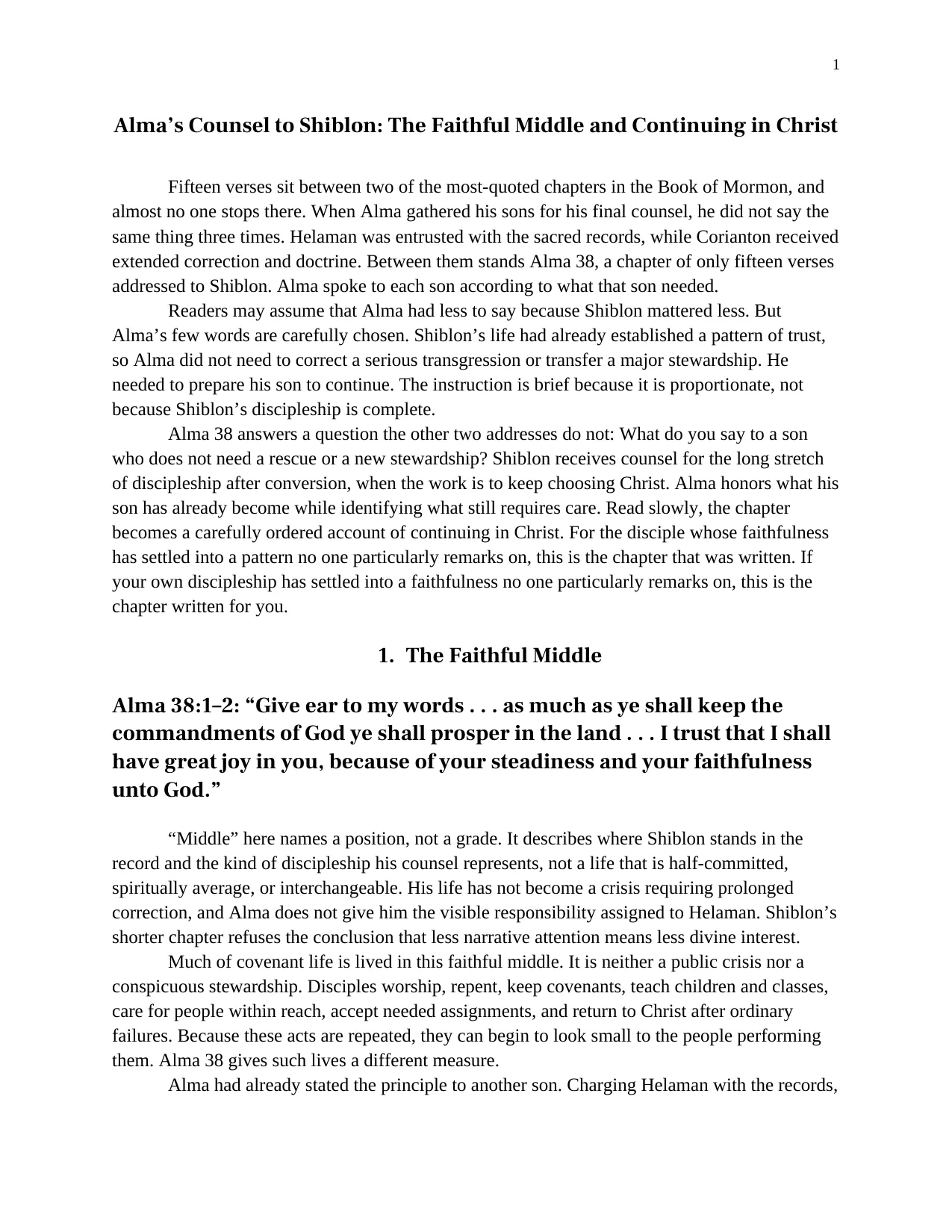 Alma’s Counsel to Shiblon: The Faithful Middle and Continuing in Christ, page 1 of 11