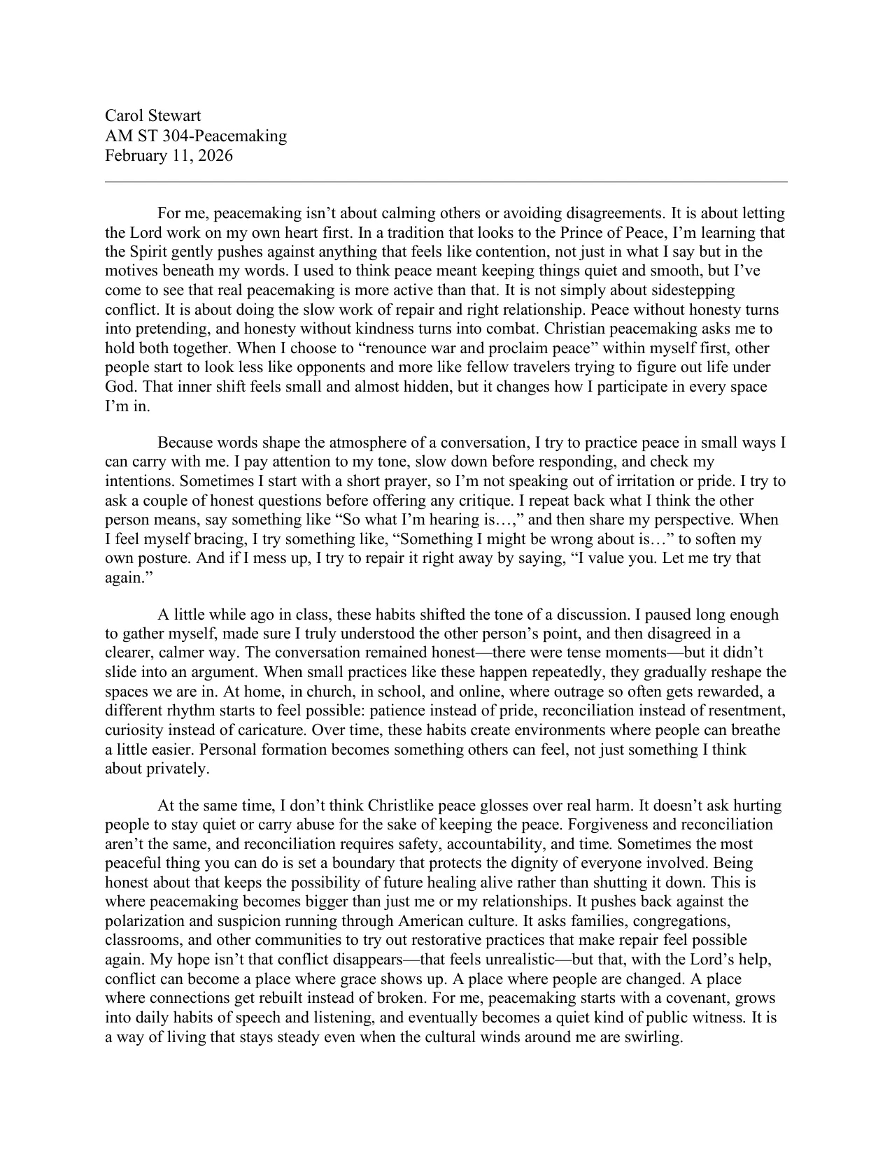 Peacemaking Reflection, page 1 of 1