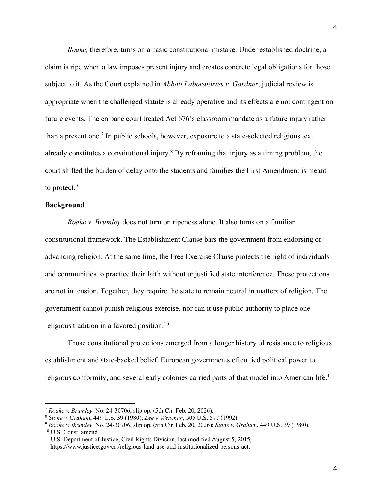 Roake v. Brumley: Judicial Delay Undermines Religious Freedom, page 4 of 13