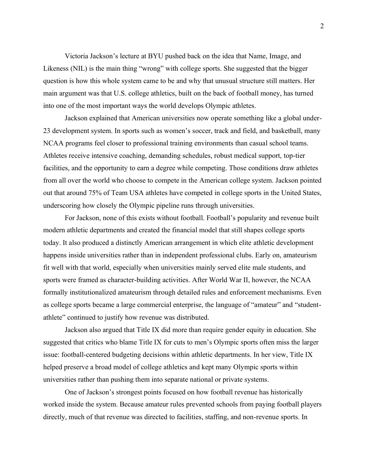 Victoria Jackson on College Sports, Football, and the Olympic Pipeline, page 2 of 3